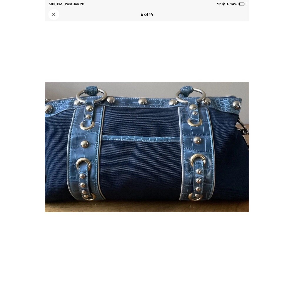 Kathy Van Zeeland Blue Denim & Faux Leather Satchel Bag/Purse Grommets/Studs - Picture 5 of 12